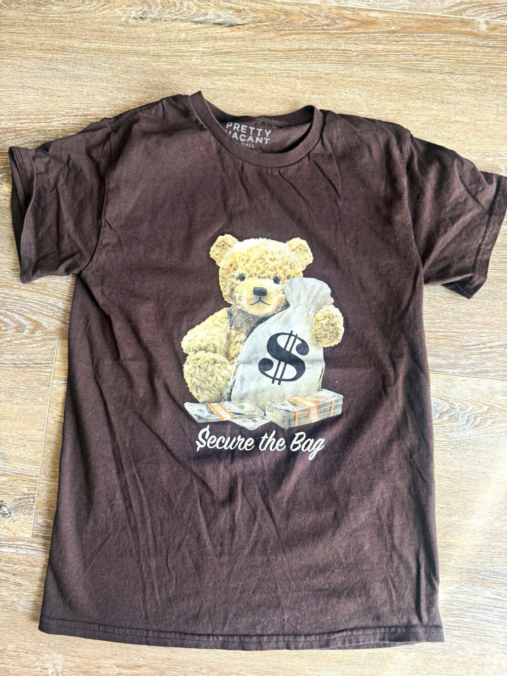 Pretty Vacant Brown "Secure the Bag" Teddy Bear Graphic T-Shirt S